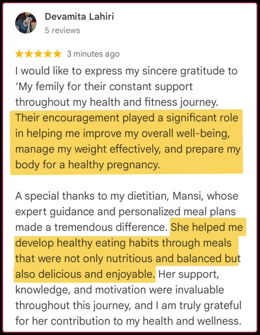 Google review from Devamita Lahiri crediting the team for steady encouragement and manageable meals.