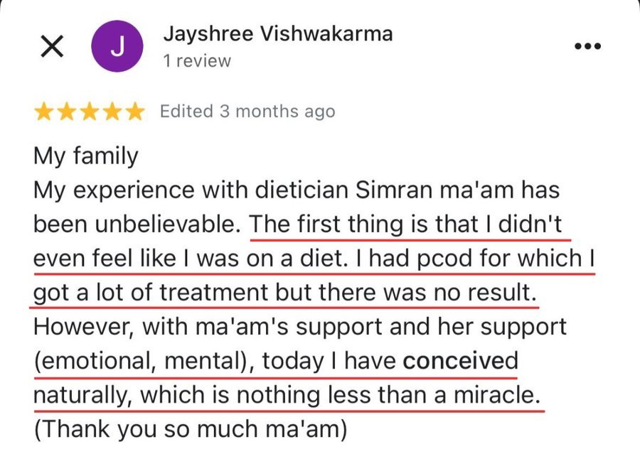 Google review from Jayshree Vishwakarma saying the plan never felt like a diet.