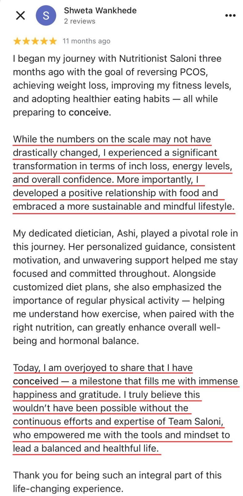 Google review from Shweta Wankhede describing inch loss, better energy and a more sustainable relationship with food.